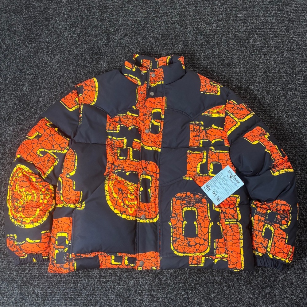 SMS Sampke True Religion Western Logo Puffer Jacket Black Orange Mens Medium